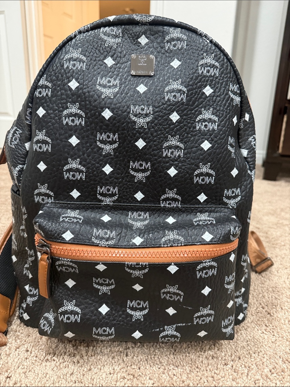 MCM Black Logo Backpack with Tan Trim and White Accents